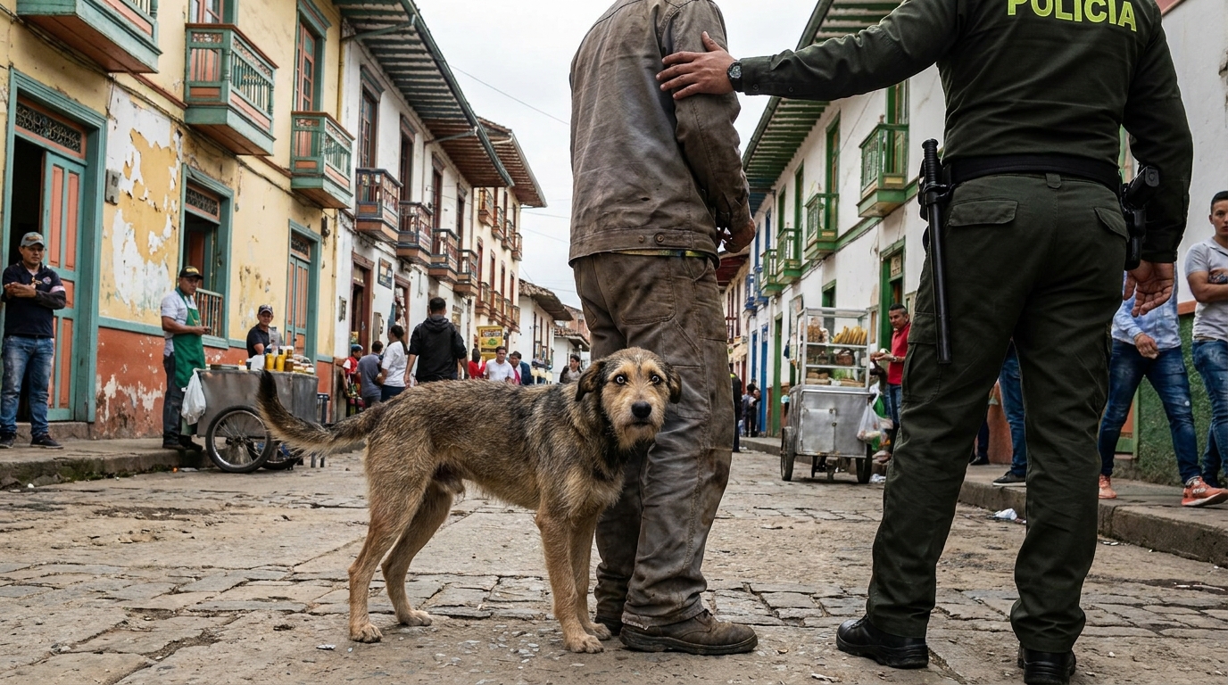 Un chien exprime sa détresse dans une rue en Colombie lors de l'arrestation de son maître par un policier, juste avant le drame.