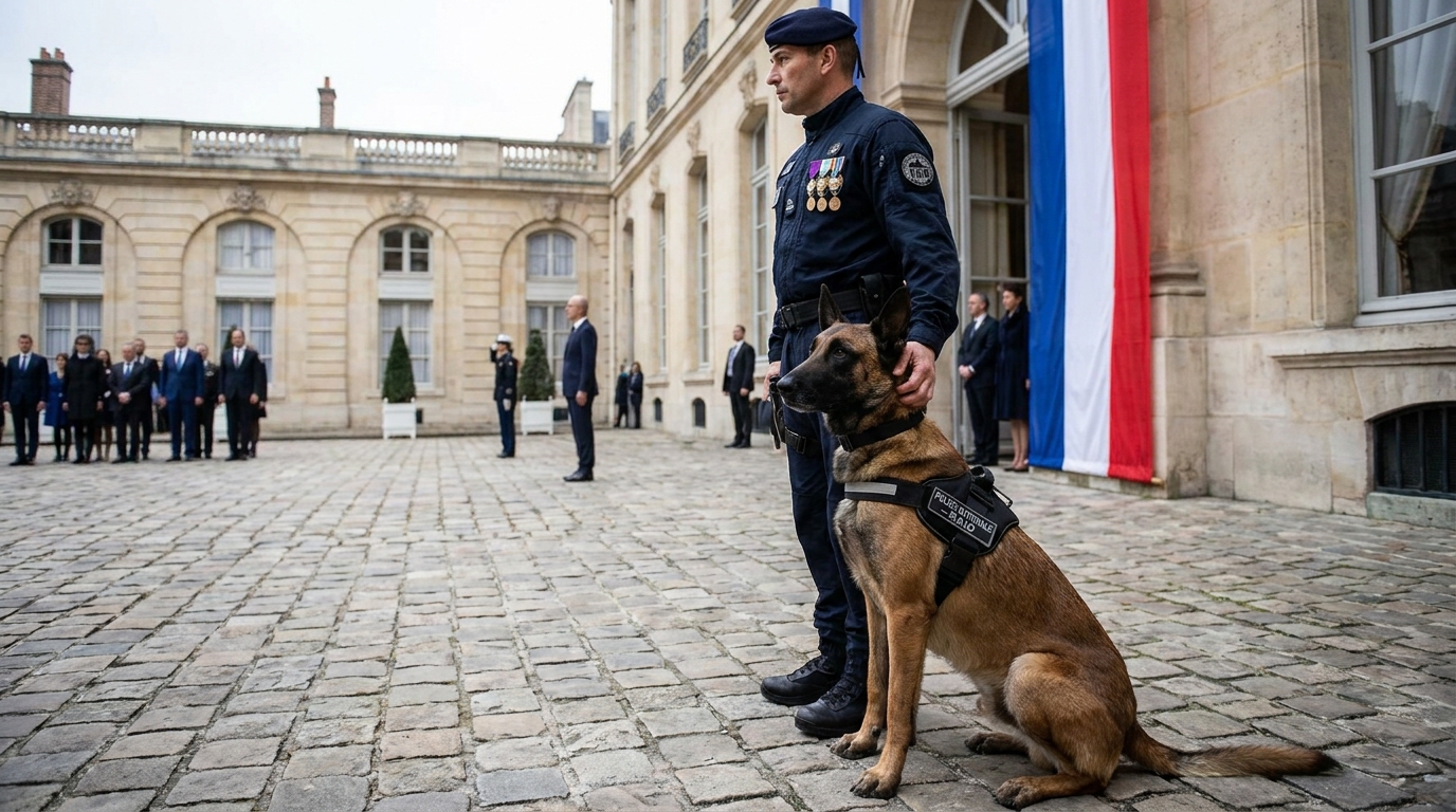 Un Berger Malinois en uniforme du RAID, regardant avec détermination, lors d'une cérémonie officielle en France.