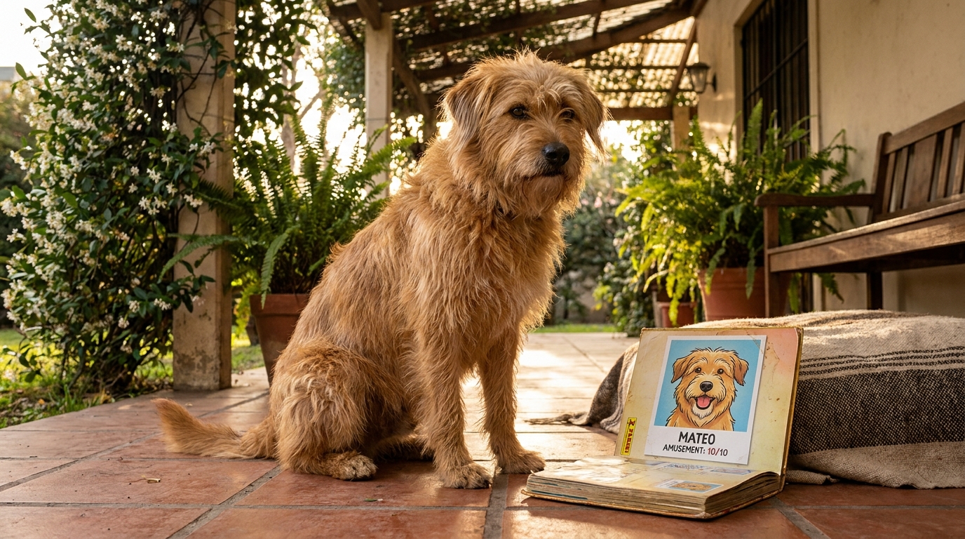 Un chien de refuge regarde un album d'autocollants de football où il est la star, une initiative d'adoption créative en Argentine.