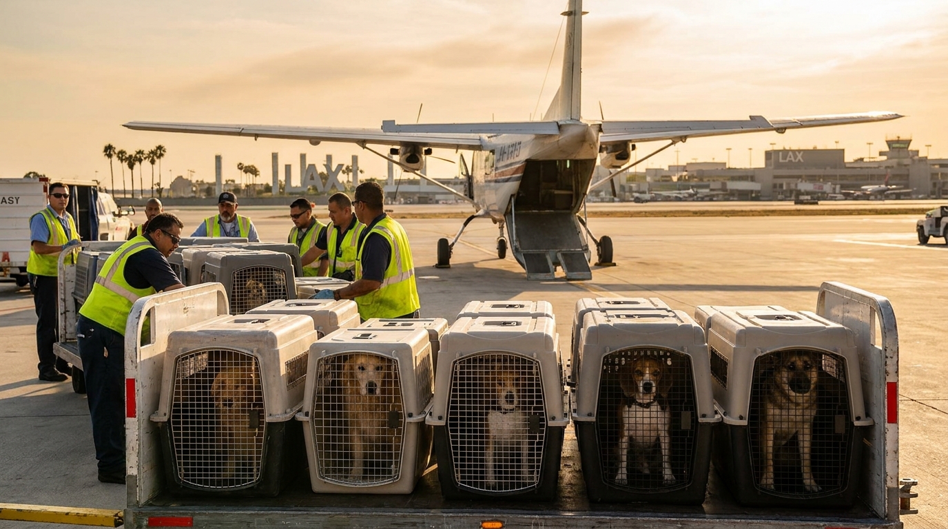 Un chien au regard plein d'espoir attend dans sa caisse de transport sur le tarmac d'un aéroport, prêt à s'envoler vers sa nouvelle vie.