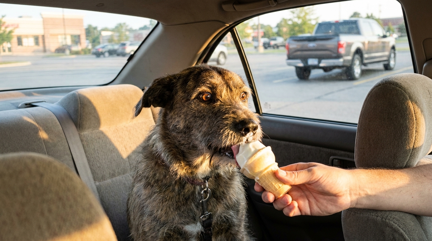 Un adorable chien de type croisé au pelage bringé, assis sur la banquette arrière d'une voiture, lèche avec bonheur un cornet de glace.