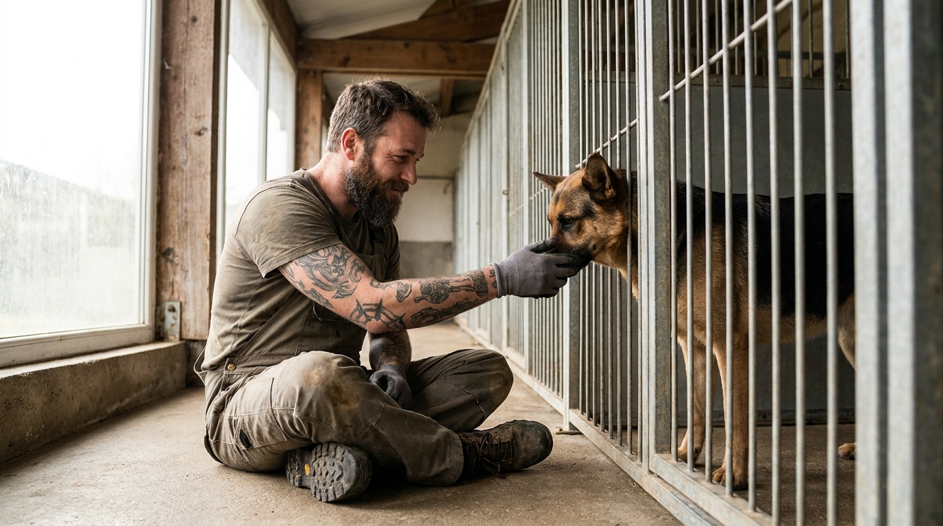 Un chien craintif dans un refuge pose sa tête contre la main d'un homme à travers la grille, un premier signe de confiance.