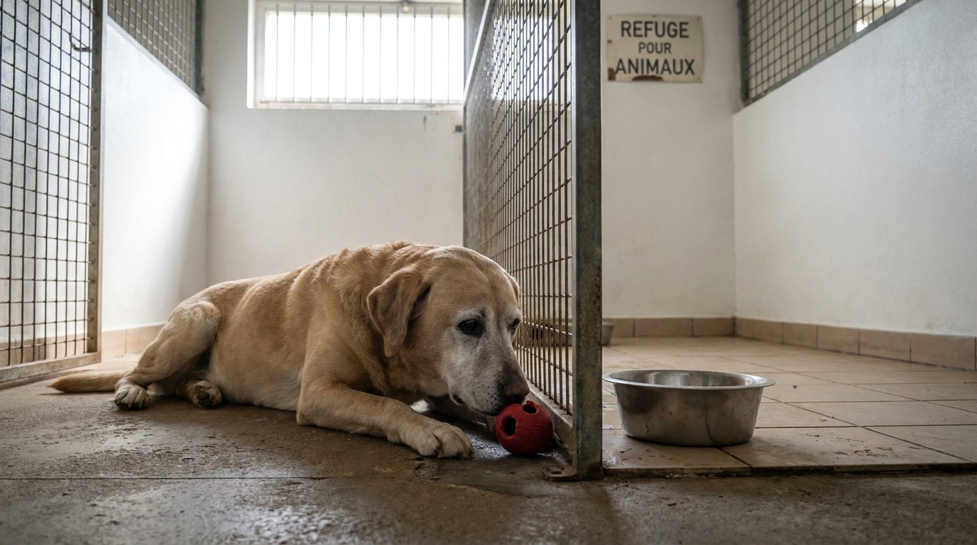 Un chien au regard triste dans un refuge place délicatement un jouet dans la gamelle en métal du box vide à côté du sien.