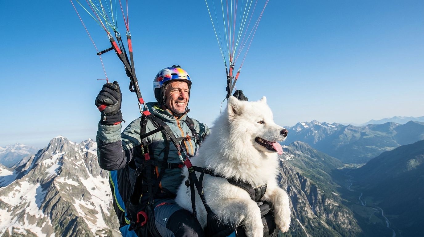 Un homme et son chien samoyède blanc volent en tandem en parapente, avec un panorama majestueux sur les sommets enneigés des Alpes françaises.