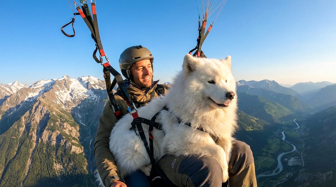 Un magnifique chien Samoyède blanc, Ouka, équipé d'un harnais, vole en parapente dans le ciel avec son maître, au-dessus d'un paysage de montagnes.