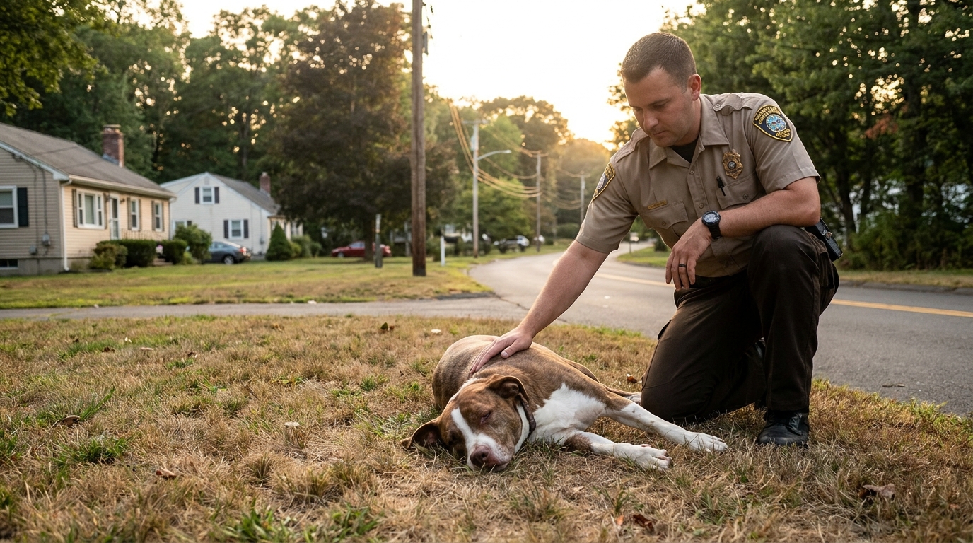 Un chien croisé marron et blanc, à l'air triste mais en sécurité, blotti dans une couverture chez le vétérinaire après son sauvetage.