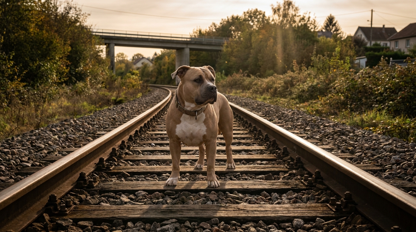 Un chien de type American Bully, l'air fatigué mais en sécurité, regarde l'objectif après avoir été sauvé des rails en Lorraine.