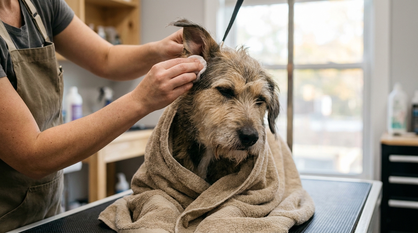 Un chien mal en point, nommé Tony, est réconforté par une soigneuse après avoir été sauvé d'une infestation de 900 tiques.
