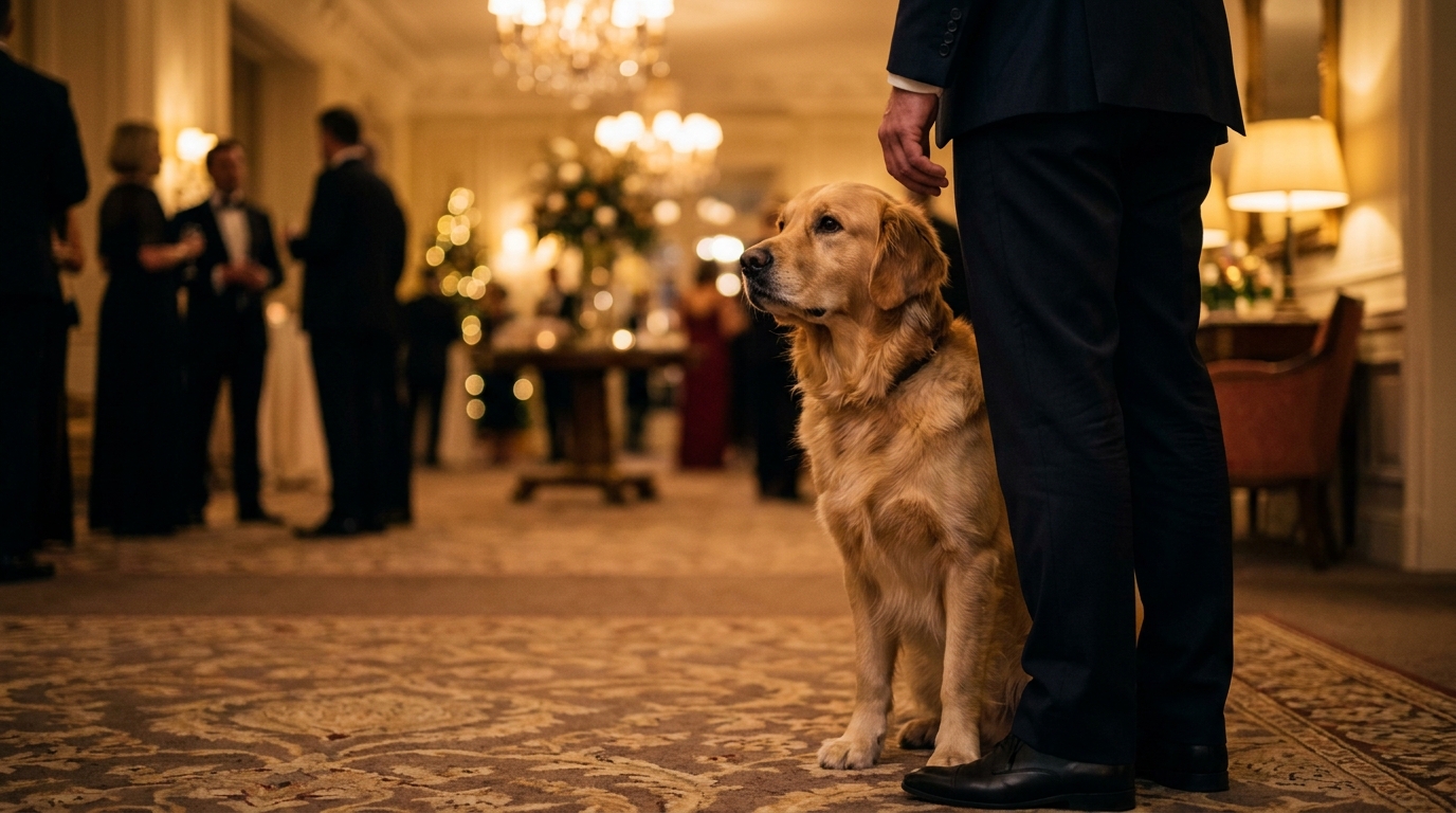 Un chien de type Berger Allemand, l'air inquiet, se tenant près de son maître dans le hall d'un grand hôtel lors d'un gala en soirée.