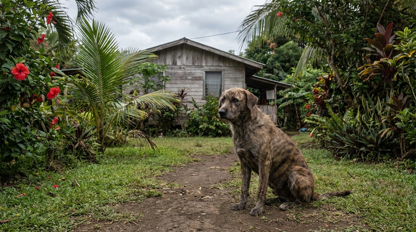 Un chien à l'air perdu est assis seul dans un jardin luxuriant, symbolisant le drame et la solitude après l'événement.