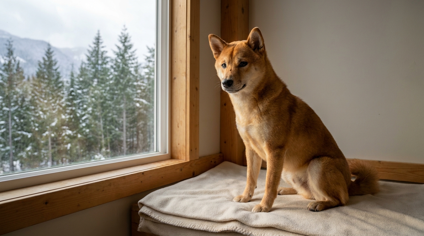 Un chien de type Shiba Inu au regard triste mais plein d'espoir, assis dans un refuge propre après son sauvetage.