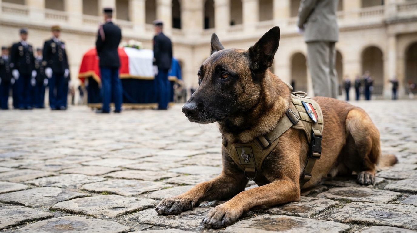 Un chien-soldat de race malinois, l'air triste, couché près d'un drapeau français lors d'une cérémonie militaire solennelle.