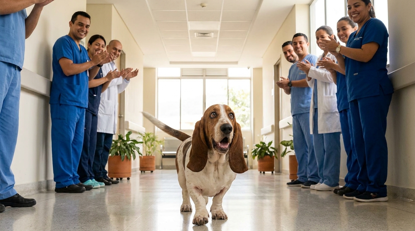 Un Basset Hound aux longues oreilles, visiblement heureux et ému, avance dans le couloir d'un hôpital au milieu d'une haie d'honneur.