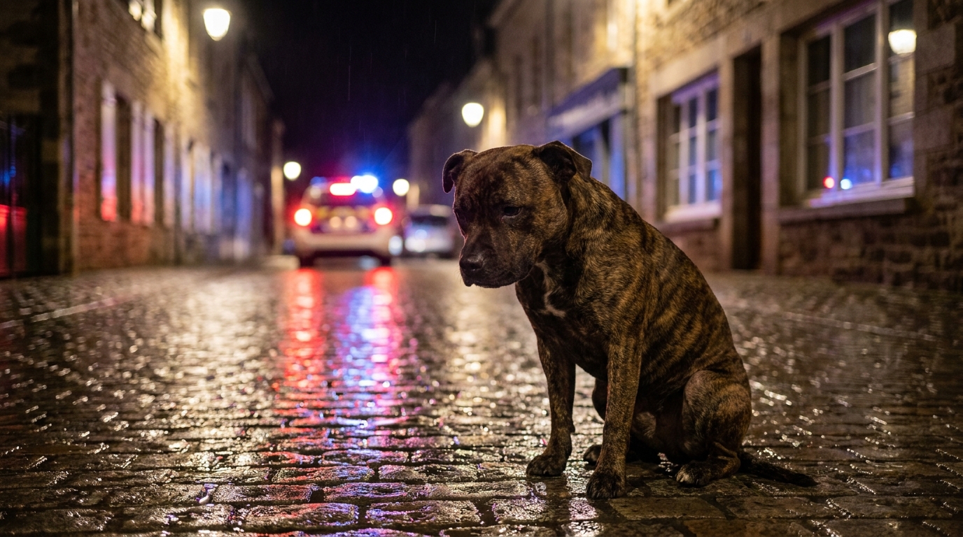 Un chien de type staff, seul et l'air triste, assis sur un trottoir la nuit, avec les lumières bleues d'une voiture de police en arrière-plan.
