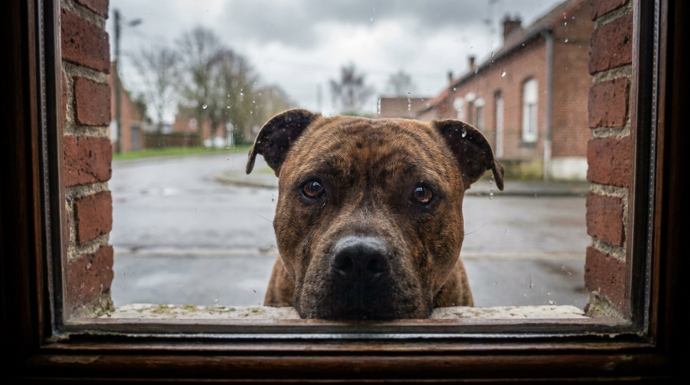 Un Staffordshire Bull Terrier au regard mélancolique, symbole de la souffrance animale lors d'un drame familial à Lens.