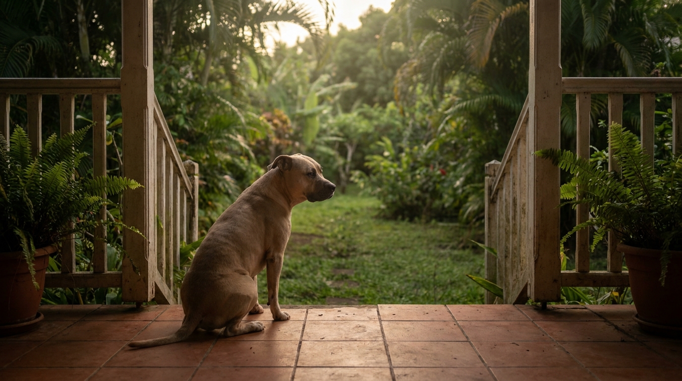 Un American Staffordshire Terrier au regard mélancolique, assis à l'intérieur, regardant à l'extérieur, symbolisant la perte et le deuil.