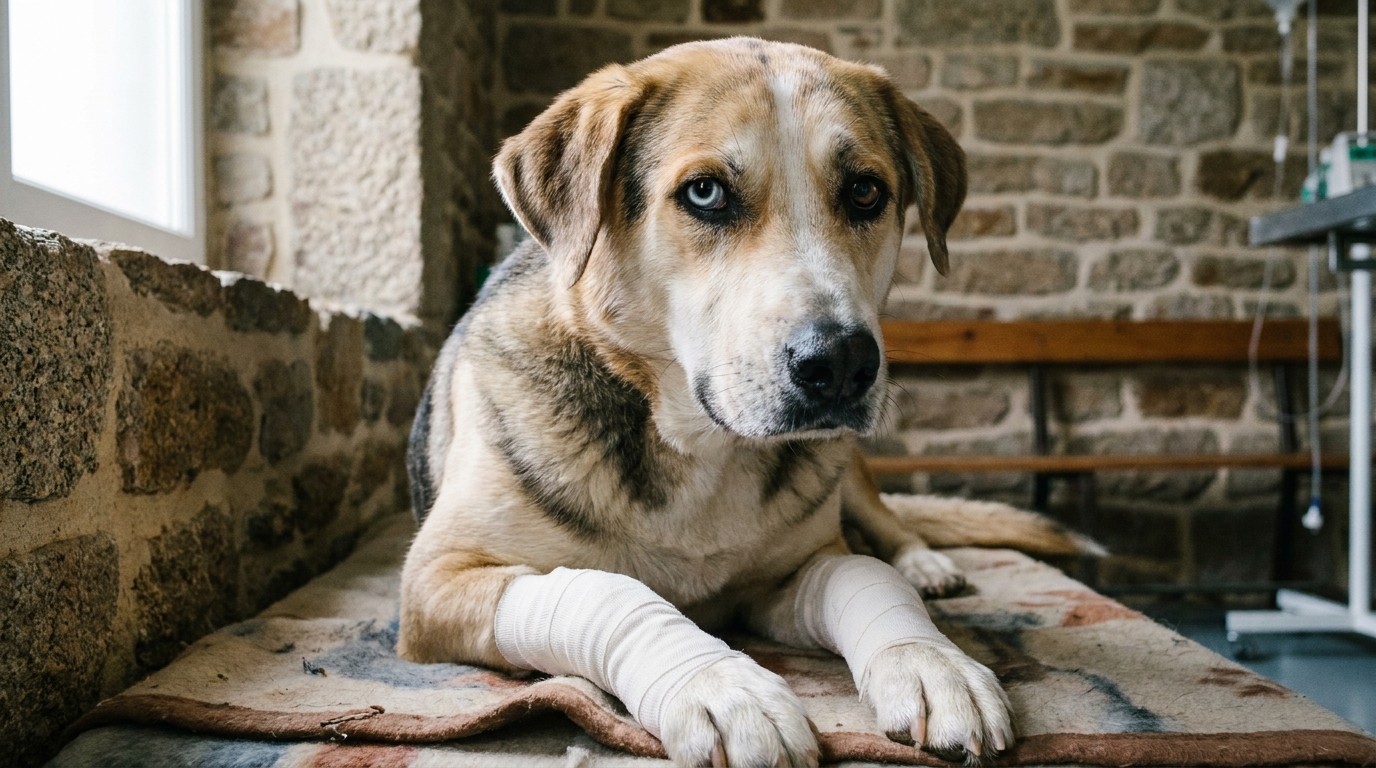 Un chien croisé Labrador et Husky, l'air triste mais résilient, avec des bandages sur les pattes avant dans un refuge.
