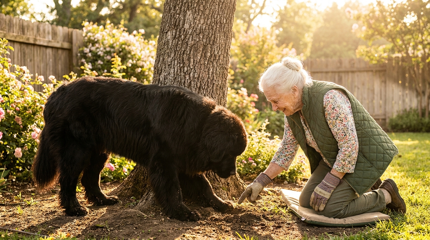 Un grand chien Terre-Neuve noir creuse doucement la terre aux pieds d'une femme âgée souriante dans un jardin fleuri.
