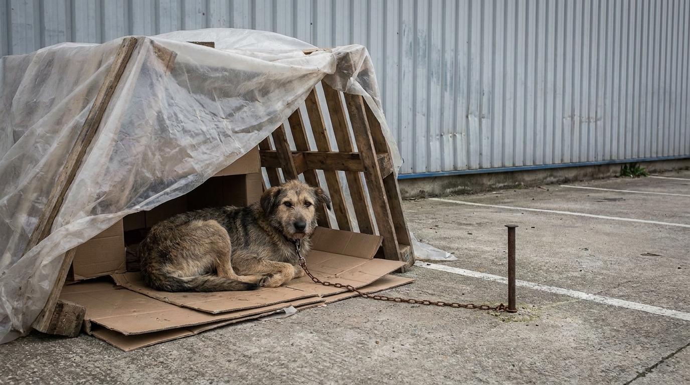 Un chien au regard triste, couché dans un abri précaire sur un parking, attendant de l'aide et de l'affection.
