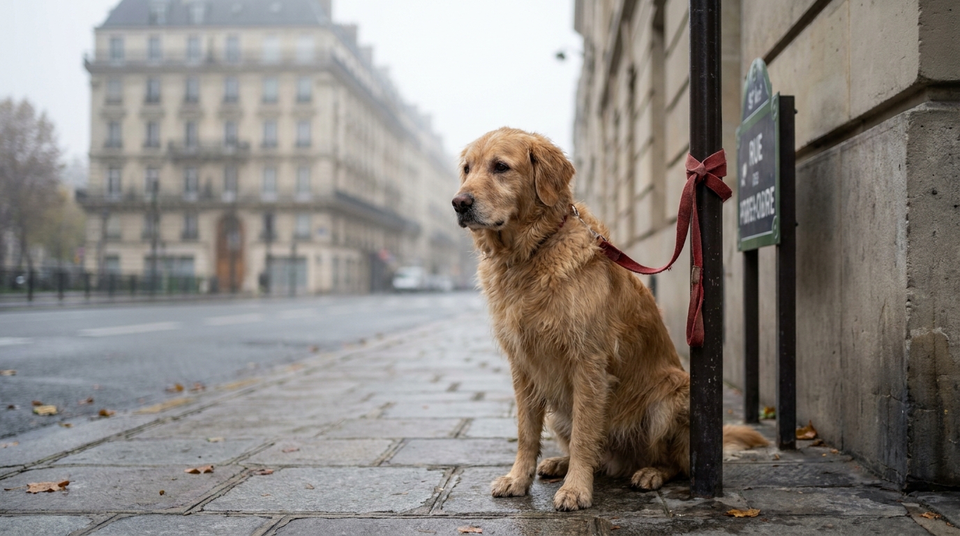 Un chien de race croisée au regard mélancolique, assis sagement sur un trottoir, attaché par sa laisse à un poteau en métal.