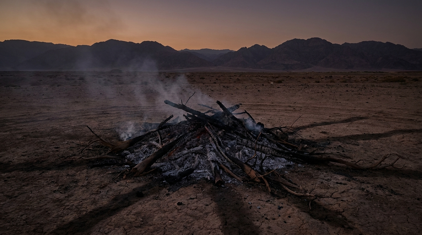 Un chien au regard triste assis près des restes d'un feu de camp éteint, symbolisant la perte et la tragédie de Shiko.
