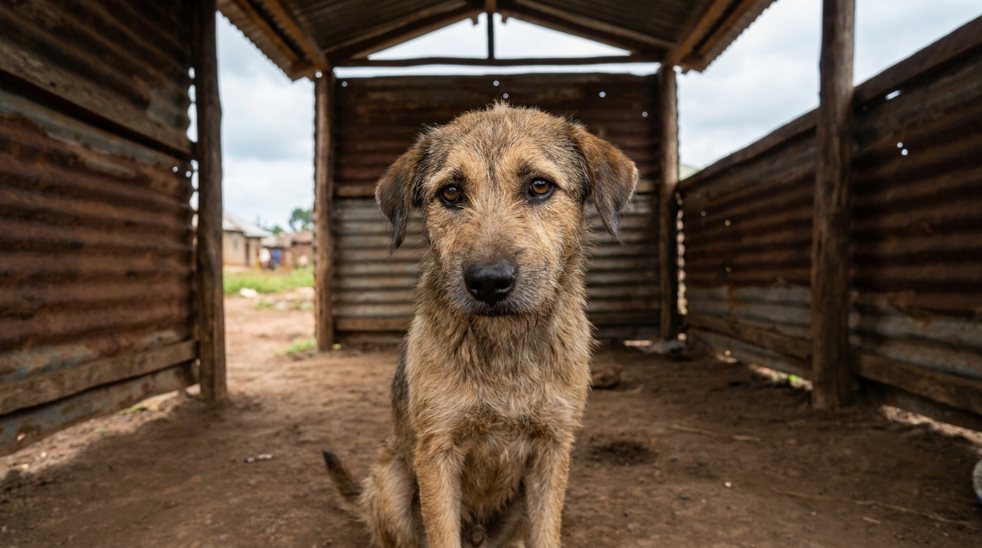 Un chien au regard infiniment triste, dans un enclos simple, illustrant le drame des arnaques aux dons sur les réseaux sociaux en Ouganda.