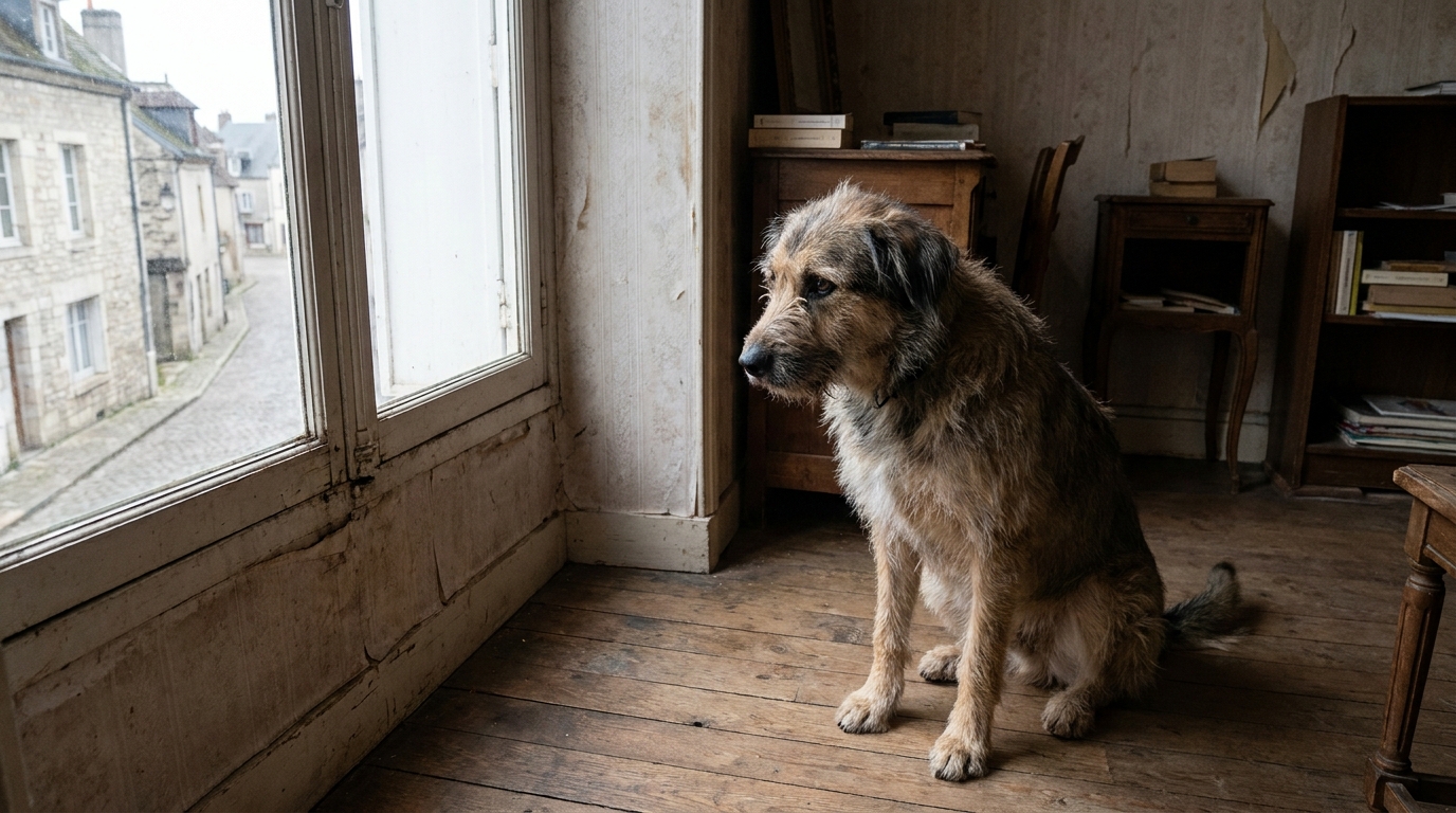 Un chien de race indéterminée, l'air abattu, est assis seul dans un appartement et regarde par la fenêtre, symbolisant la solitude et le drame.