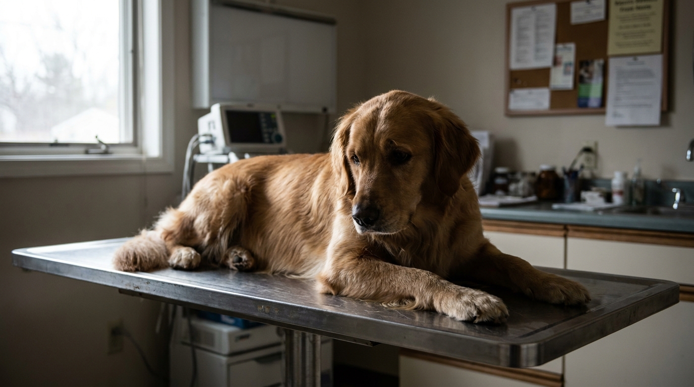 Un chien au regard triste et vulnérable, symbolisant les victimes d'une pratique vétérinaire illégale et dangereuse.