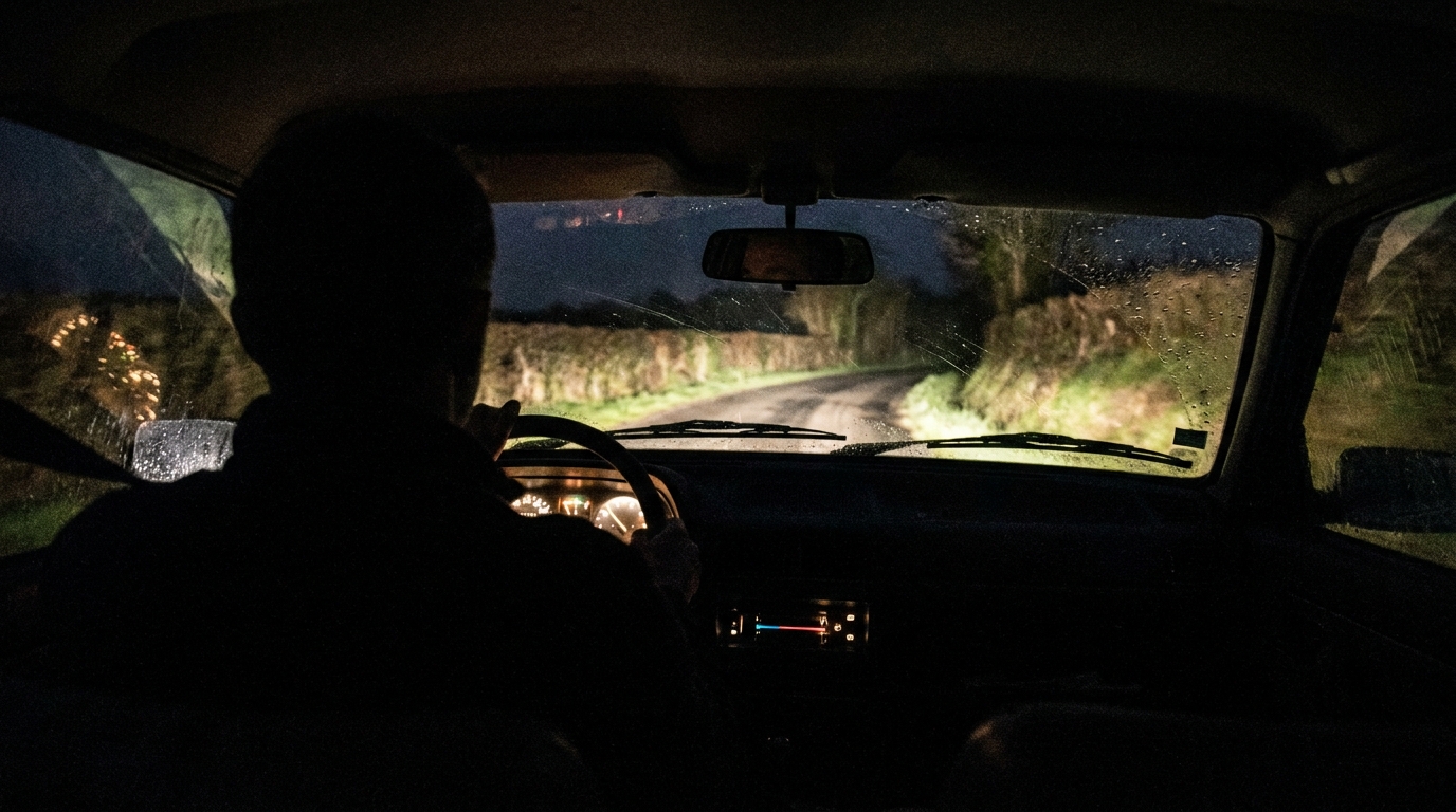 Un chien au regard inquiet assis sur le siège arrière d'une voiture la nuit, regardant par la fenêtre un paysage breton qui défile.