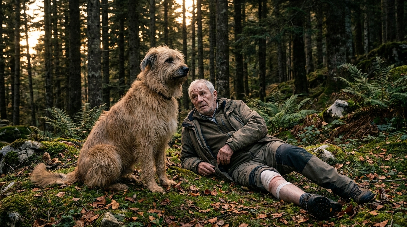 Un chien de type berger, l'air inquiet mais loyal, est assis près de son maître âgé, un randonneur blessé en forêt dans les Pyrénées.