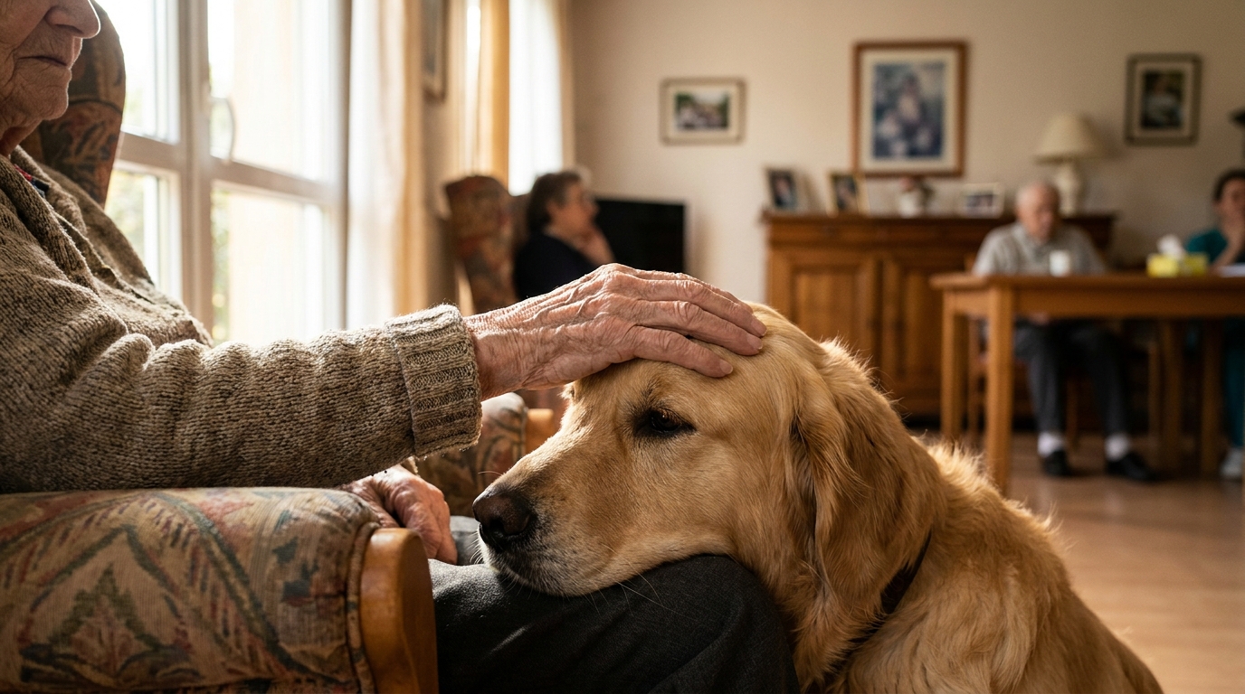 Une personne âgée assise dans un fauteuil caresse la tête d'un chien visiteur dans une maison de retraite du Calvados.