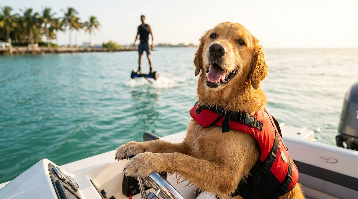 Un chien joyeux avec un gilet de sauvetage semble conduire un bateau en mer, tandis que son maître est sur un hoverboard aquatique en arrière-plan.