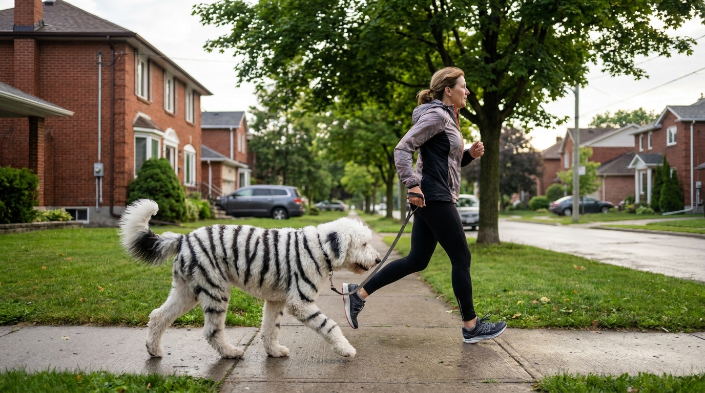 Une femme court sur un trottoir avec son chien de type sheepadoodle teint en zèbre pour sensibiliser à une cause.