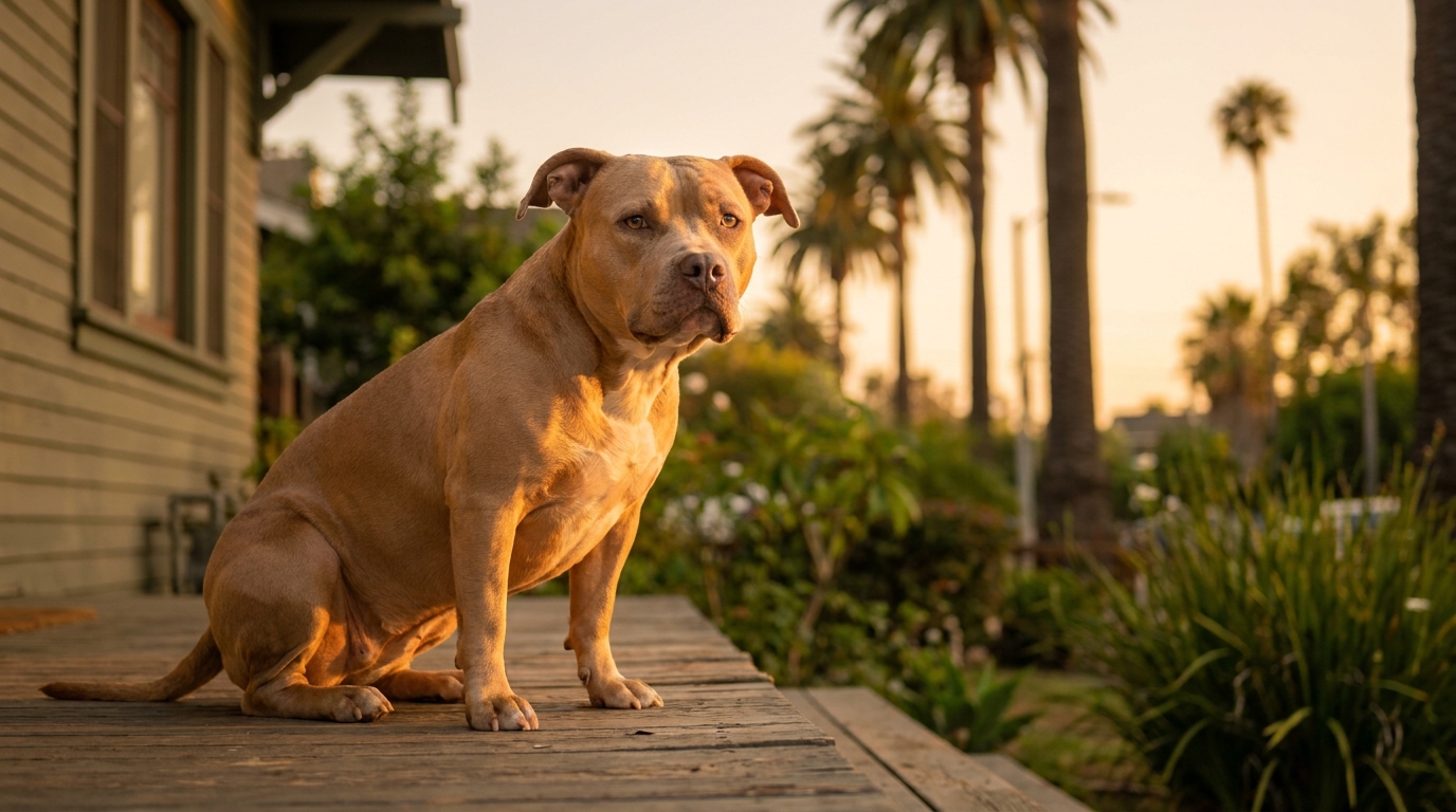 Une chienne American Bully nommée Hope, au regard doux et apaisé, se repose dans un panier douillet après son opération des yeux.