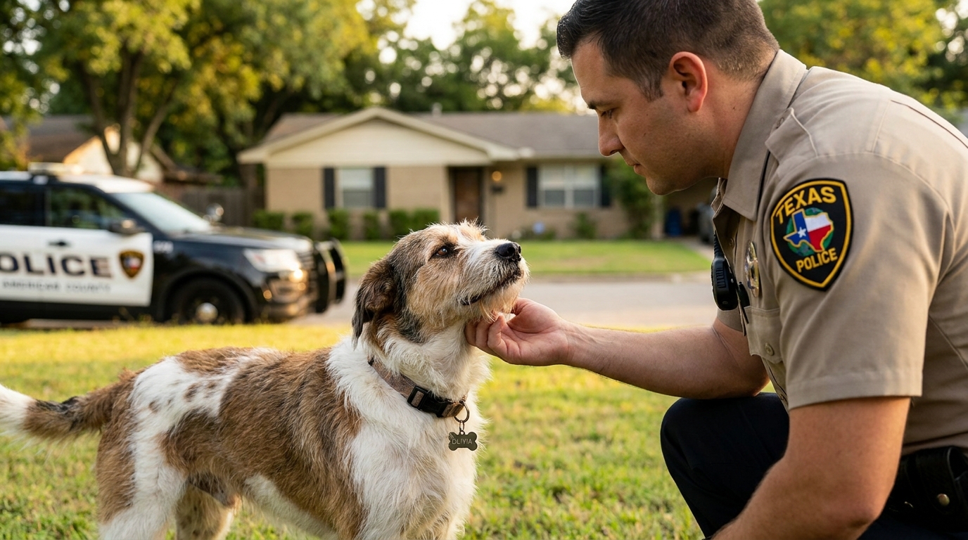 Une chienne à l'air doux, avec un œil en moins, regarde tendrement un policier en uniforme qui la caresse affectueusement.