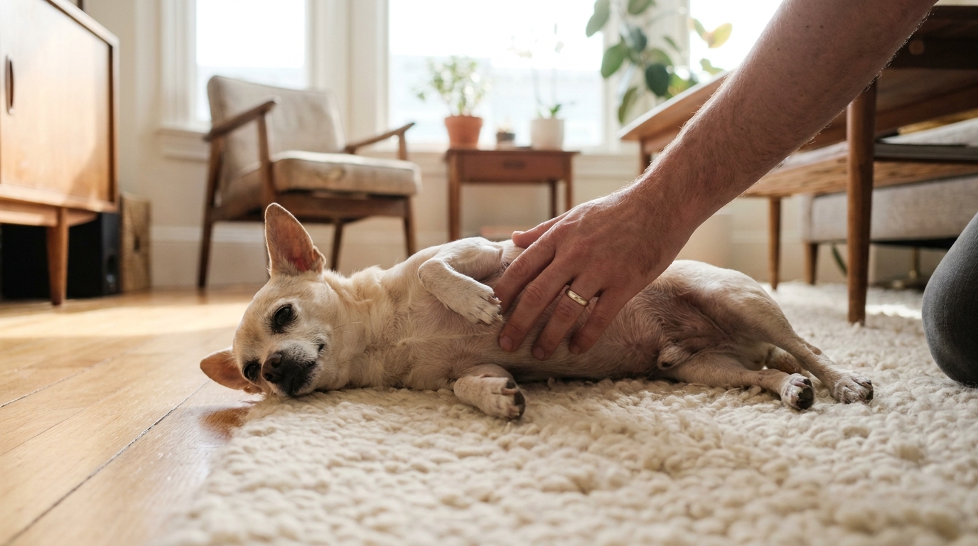 Une petite chienne Chihuahua senior, couchée sur le dos, montre son ventre à un homme en signe de confiance absolue.