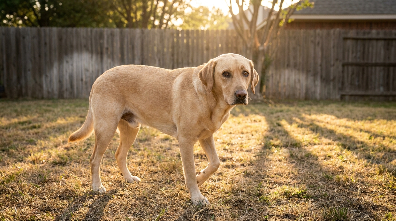 Une chienne au pelage clair, ressemblant à un croisé Labrador, se tient timidement au fond d'un jardin d'une maison américaine, l'air méfiant mais curieux.