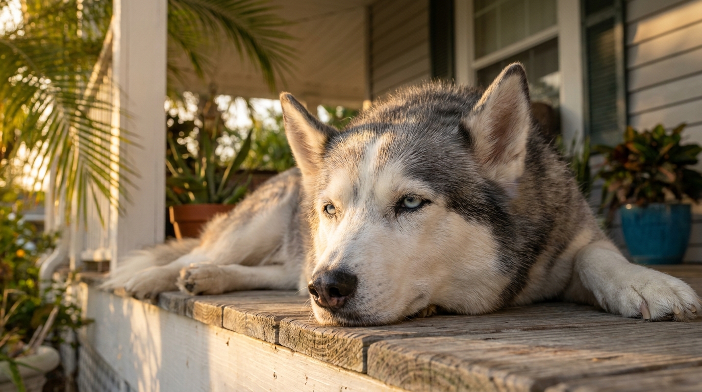 Une chienne husky âgée au pelage grisonnant, couchée dans l'herbe, le regard doux et fatigué.