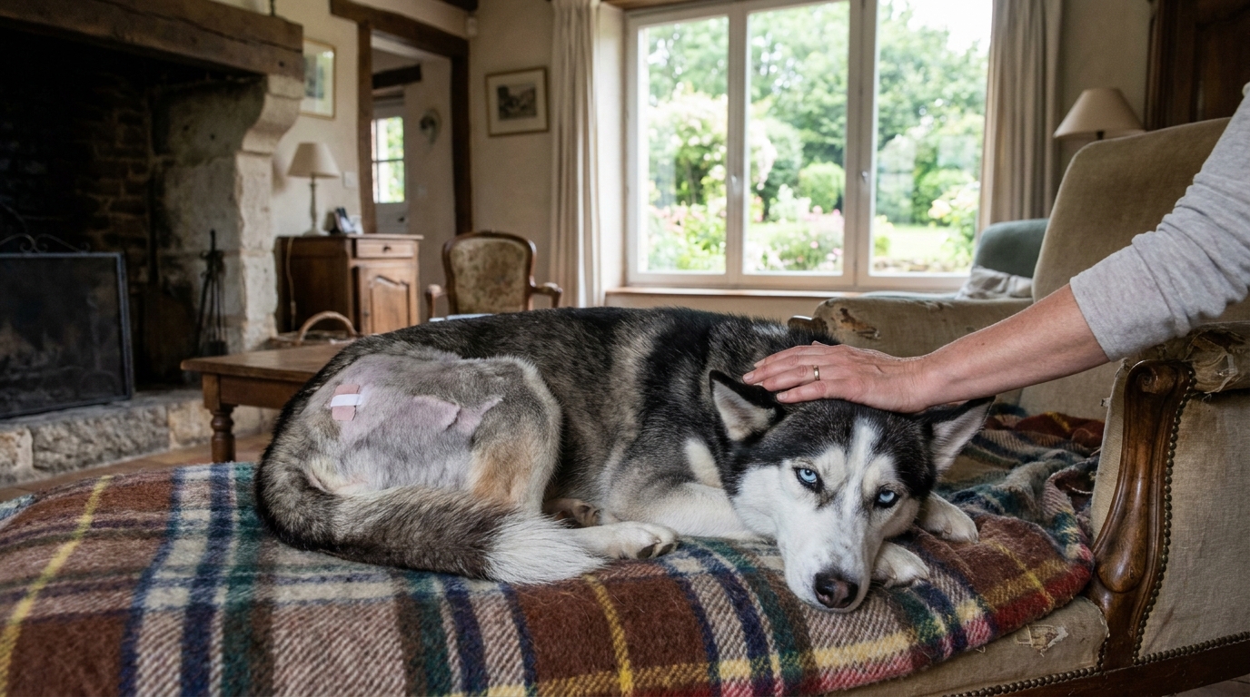 Une chienne husky à la robe grise et blanche, avec des yeux bleus perçants, se repose sur une couverture, l'air triste et convalescent.