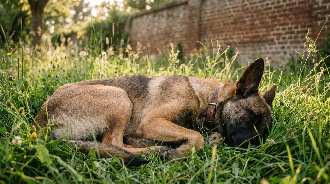 Une jeune chienne de type malinois, nommée Romy, est couchée dans l'herbe et profite du soleil, symbole de sa nouvelle vie paisible après son sauvetage.
