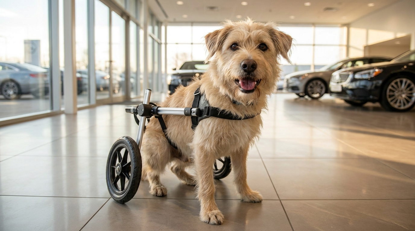Bunny, une chienne de refuge au pelage clair, trottine joyeusement dans une concession automobile grâce à son fauteuil roulant sur mesure.