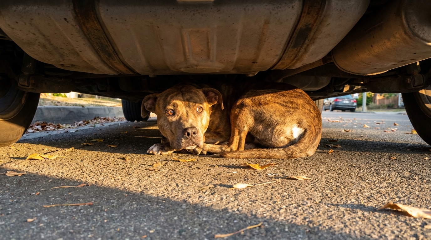 Une chienne de type Pitbull croisé, l'air craintif, est recroquevillée sous une voiture garée dans une rue résidentielle ensoleillée.