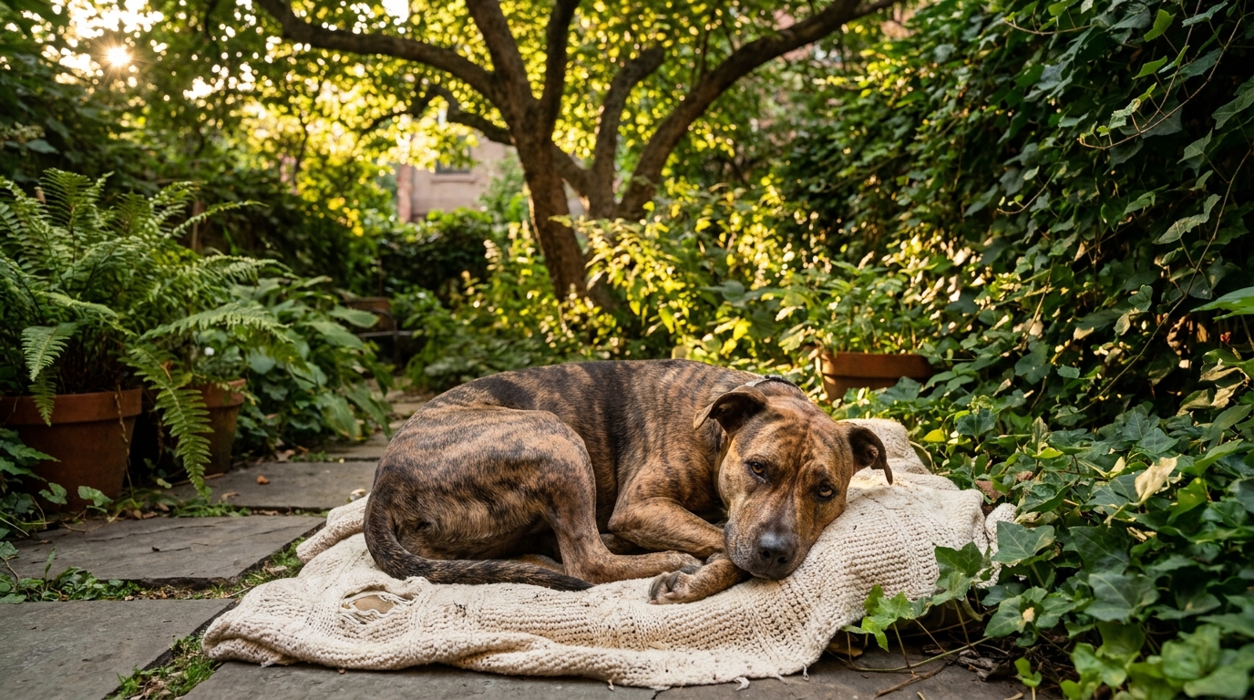 Une chienne de type Pitbull au regard doux, couchée confortablement dans un jardin ensoleillé, semblant apaisée et en sécurité.