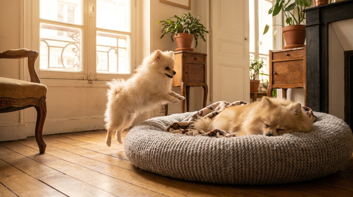 Une petite chienne Pomeranian blanche et crème saute joyeusement sur son frère, un autre Pomeranian plus grand, endormi dans un panier douillet.