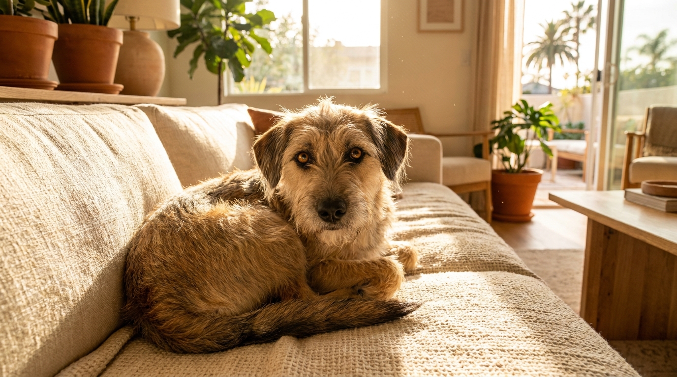 Une jeune chienne au regard plein d'espoir, assise sur un canapé, attendant d'être adoptée après avoir été sauvée.