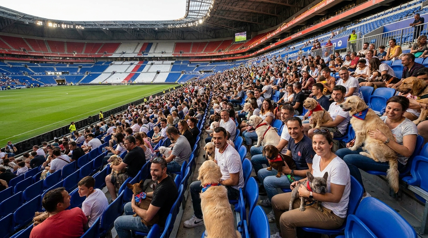 Un groupe de chiens de races variées, portant de petits foulards de supporters, assis sagement dans les tribunes d'un stade de football.