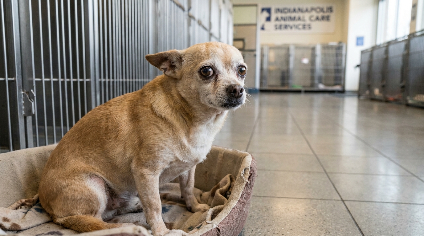 Un petit chihuahua âgé avec un regard triste, assis seul dans un panier dans un refuge pour animaux, attendant une nouvelle famille.