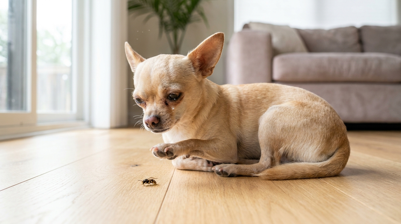 Un petit Chihuahua couleur sable est assis sur un parquet et lève sa patte avant, l'air de souffrir après une piqûre d'insecte.
