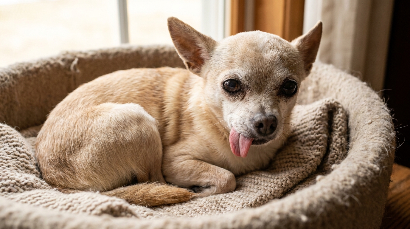 Un petit Chihuahua âgé au pelage clair, couché dans un panier douillet, avec une expression triste mais paisible.