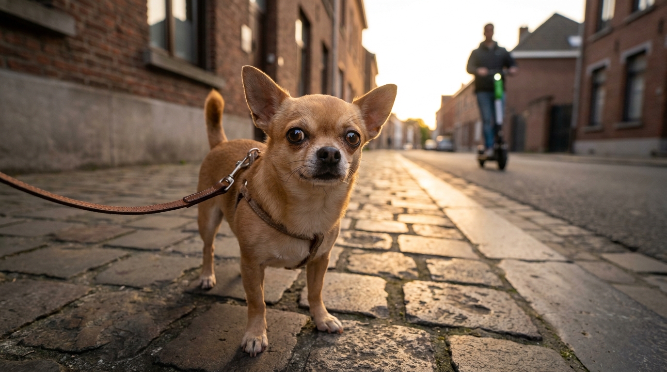 Un petit chihuahua tenu en laisse marche sur un trottoir pavé dans une rue typique d'une ville de Belgique, l'air vulnérable.